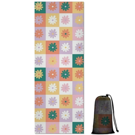Colorful Daisy Flower Checkered Pattern Hot Yoga Mat Towel Non Slip for Hot Yoga - Quick-Drying Yoga Mat Cover with 4 Corner Pockets with Travel Bag - Hot Yoga Towel Non Slip 70"x26"