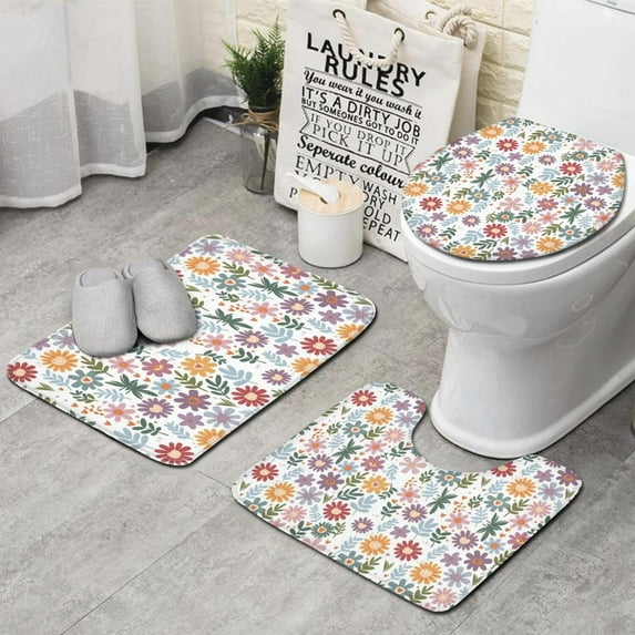 Colorful Daisy Flower Floral Pattern Bathroom Rugs Sets 3 Piece,Toilet Cover Set,Absorbent Non Slip Bathroom Mats Sets with U-Shaped Contour Rug Toilet Rug Set