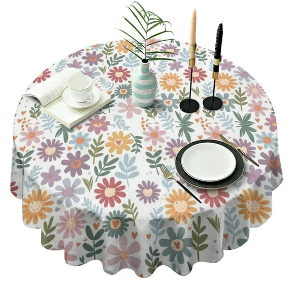 Colorful Daisy Flower Floral Pattern Round Tablecloth 60"x60",Wrinkle Wipeable Table Cloth for Kitchen Dining Room Picnic Patio Party