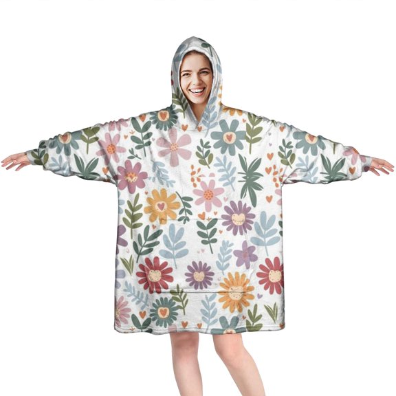 Colorful Daisy Flower Floral Pattern Wearable Oversized Blanket,Wearable Blanket Hoodie for Adults,Cozy Hooded Blankets with Super Pockets,Super Warm Fuzzy Pullover for Women & Men