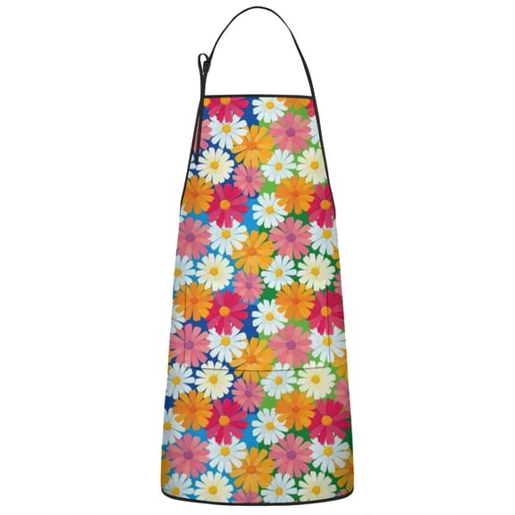 Colorful Daisy Flower Mixed Blooms Pattern Apron-Garden Aprons for Women with Pockets-Cotton Linen Waterproof Kitchen Cooking Gardening Aprons Adjustable for Kitchen,Cooking,BBQ and Salon 33x27 Inch