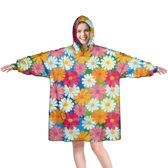 Colorful Daisy Flower Mixed Blooms Pattern Wearable Oversized Blanket,Wearable Blanket Hoodie for Adults,Cozy Hooded Blankets with Super Pockets,Super Warm Fuzzy Pullover for Women & Men