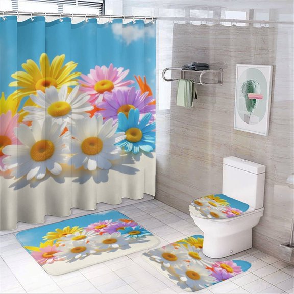 Colorful Daisy Flower Print Shower Curtain Waterproof Bathroom Curtain Set with Hooks Home Decor Bathroom Curtains 4pcs