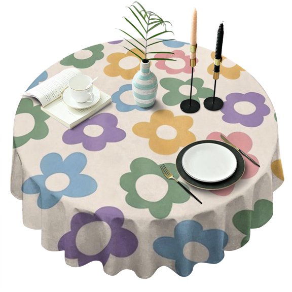 Colorful Daisy Flower Silhouette Pattern Round Tablecloth 60"x60",Wrinkle Wipeable Table Cloth for Kitchen Dining Room Picnic Patio Party