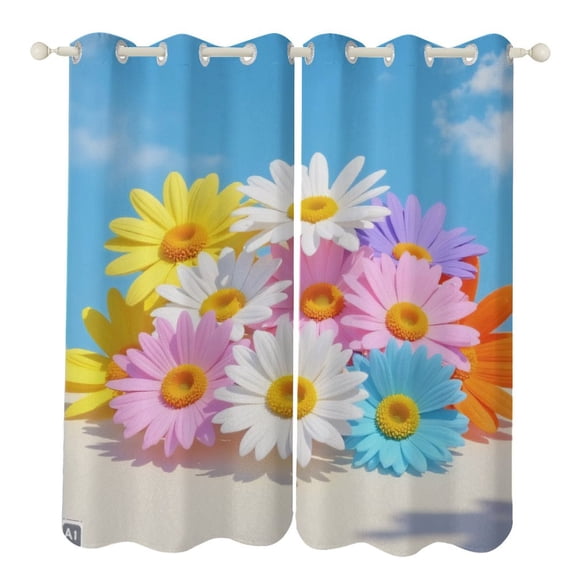 Colorful Daisy Flowers on Blue Sky 2 Panels Curtains for Bedroom Living Room Drapes Kitchen Window Curtain Home Decor