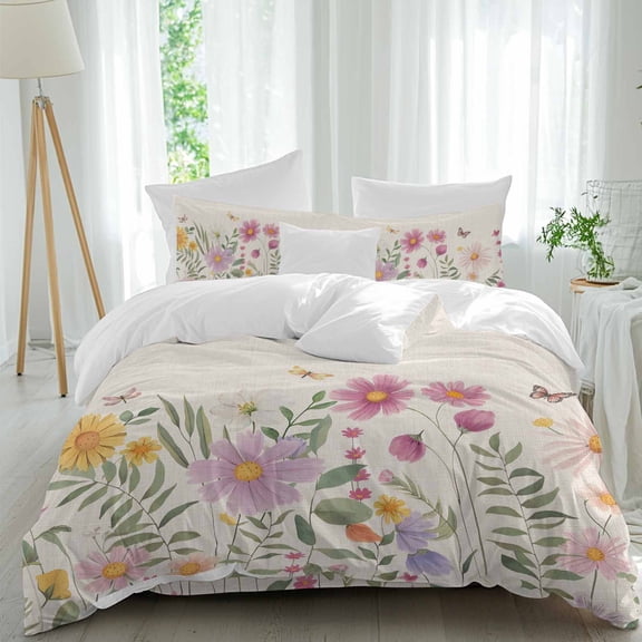 Colorful Daisy Full Size Comforter Set, Dragonfly Butterfly Leaf Spring Summer Rustic Bedding for All Seasons, 4 Pcs Bed Set, 1Quiltcover (86"x86") ,1Sheet(80"x116"), 2Pillowcases (30"x20")