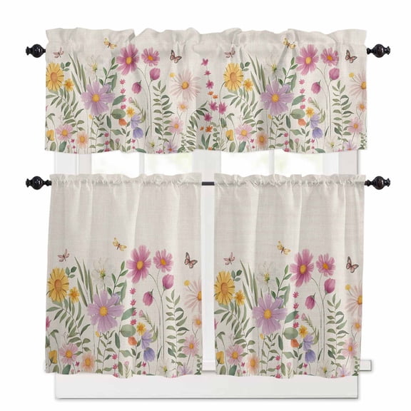Colorful Daisy Kitchen Curtains Valances and Tiers Set of 3, Spring Summer Rustic 36 Inch Length Tier Curtains and Valance Rod Pocket Valance Curtains Set for Kitchen Bathroom Small Windows