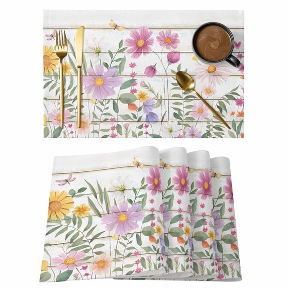 Colorful Daisy Placemats Set of 1, Dragonfly Butterfly Leaf Non-Slip Place Mats Washable Table Mats for Kitchen Dining Table Decorations Indoor/Outdoor