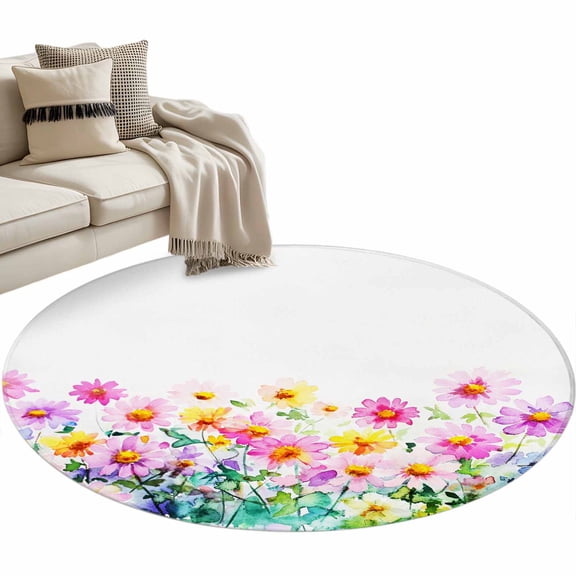 Colorful Daisy Round Area Rug 3ft Spring Floral Non-Slip Washable Circle Rugs Soft Felt Indoor Floor Mat for Bedroom Kitchen Living Room Bathroom