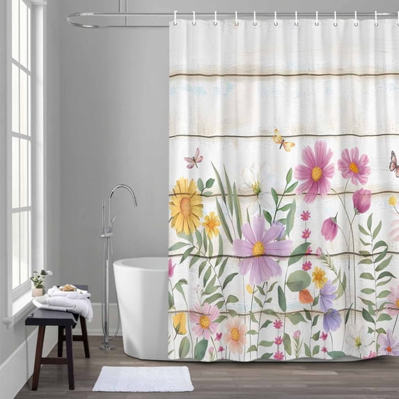 Colorful Daisy Shower Curtain for Bathroom Decor, Dragonfly Butterfly Leaf Waterproof Fabric Shower Curtain, 72"x72" Set with 12 Hooks