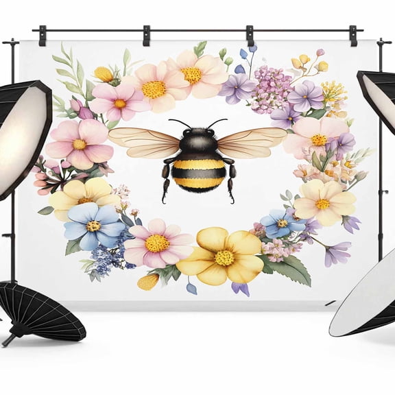 Colorful Daisy Wreath Bees Backdrop for Photography, Spring Flowers Garland Photo Backdrop Portrait Background Party Banner Photo Backgrounds for Studio Booth Props, 7x5ft