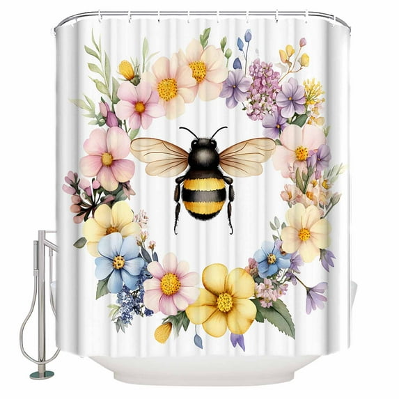 Colorful Daisy Wreath Bees Shower Curtain, 66" x 72", Spring Flowers Garland Waterproof Bathroom Curtain Washable Shower Curtain Set with 12 Hooks