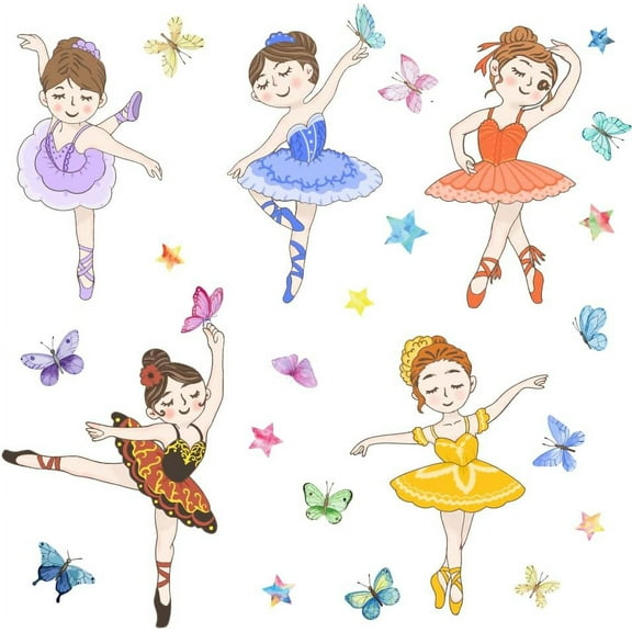 Colorful Dancing Ballet Girl Wall Sticker Butterfly Stars Wall Decal Girl's Room Decor Nursery Preschool Stickers for Kid Baby Girl Waterproof Art Decor for Living Room Bedroom Bathroom colorful DIY