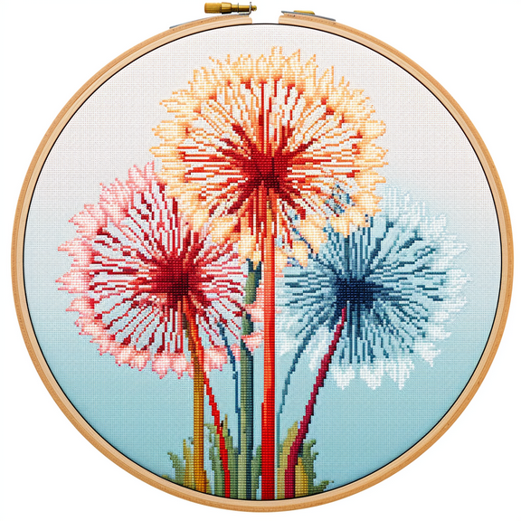 Colorful Dandelion DIY Stamped Cross Stitch Kits for Beginners Easy with Hoop 11CT Needlepoint Embroidery Counted Cross Stitch Kits Art Craft Wall Decoration 30x30cm(2)
