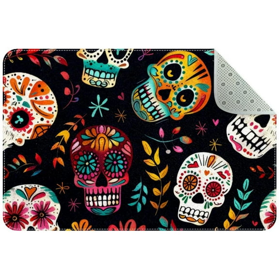 Colorful Day of the Dead Skulls Doodle Pattern Small Area Rug, Non-Slip Door Mat Indoor Floor Mat, Washable Kitchen Rug Entrance Door Mat for Bedroom Living Room