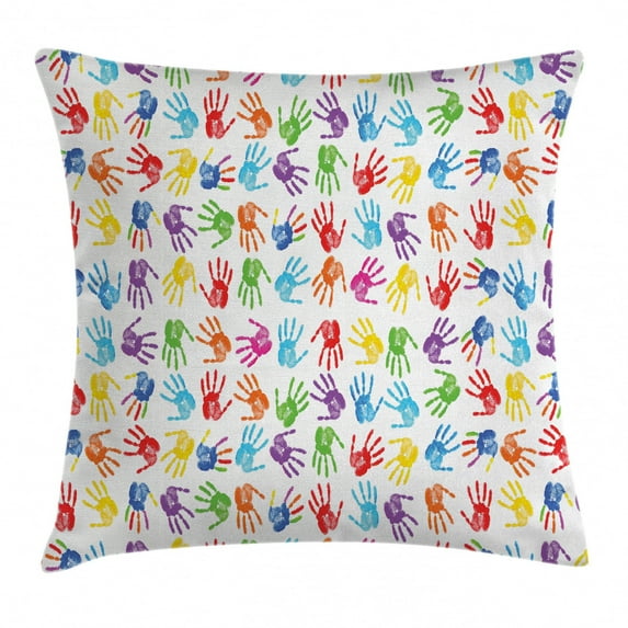 Colorful Decor Throw Pillow Cushion Cover, Human Handprint Kids Watercolor Paint Effect Open Palms Collage Art Work Print, Decorative Square Accent Pillow Case, 20 X 20 Inches, Multi, by Ambesonne