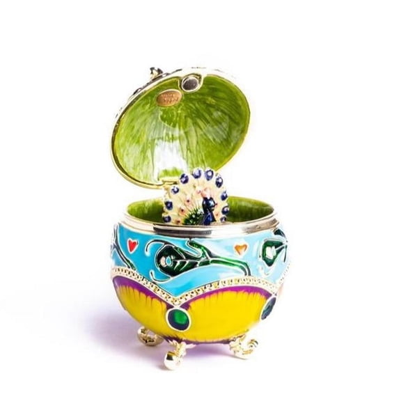 Colorful Decorated Faberge Egg with Peacock Surprise Enamel Painted Trinket Box with Austrian Crystals