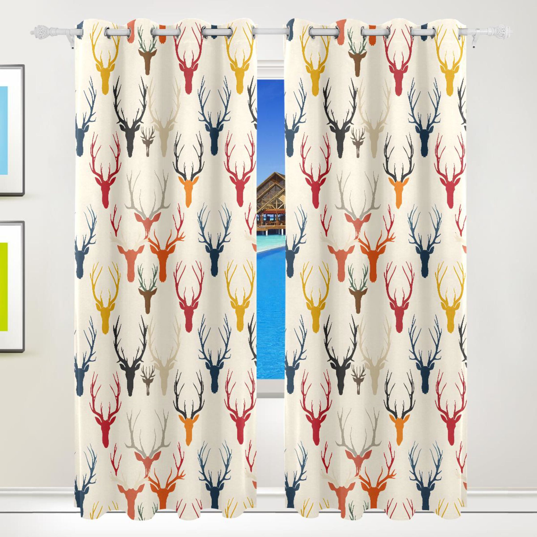 Colorful Deer Antlers Silhouette Blackout Curtains 84 inch Length 2