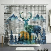 Colorful Deer in Forest Watercolor Shower Curtain with Dreamy Atmosphere for Home Decoration Blue Green Gray Pine Trees Mountains High Definition Photo Style Artistic Touch Romance Tim Shumate Style