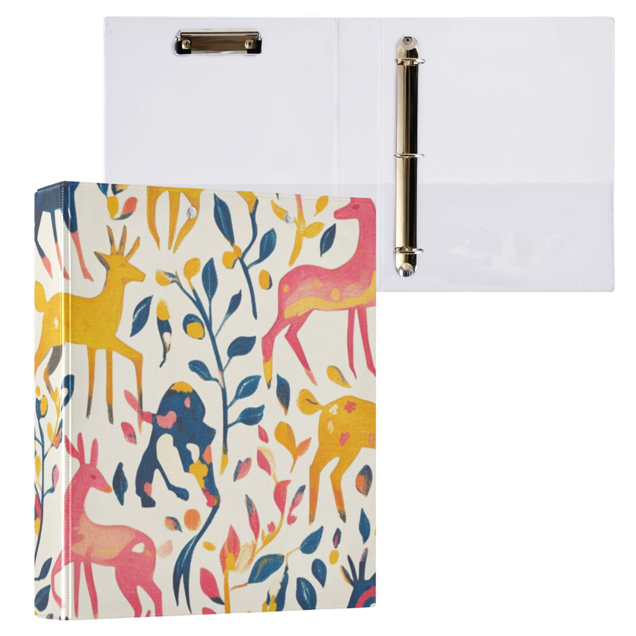 Colorful Deers 3 Ring Binders 1.5 inch Hardcover File Folders with Interior Pockets A4 Size Organizer for School Office Hospital Set of 2