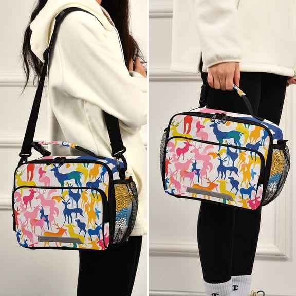 Colorful Deers Run Lunch Bag Cooler Bag Cooling Tote Portable Shoulder Strap Interior Pockets for Picnic Travel