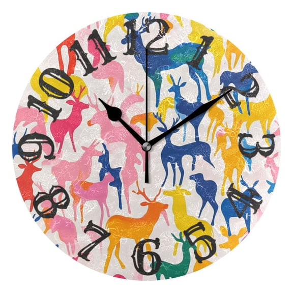 Colorful Deers Run Wall Clock 10 inch Non-Ticking Easy to Read Decorative Clocks for Home Bedroom Living Room