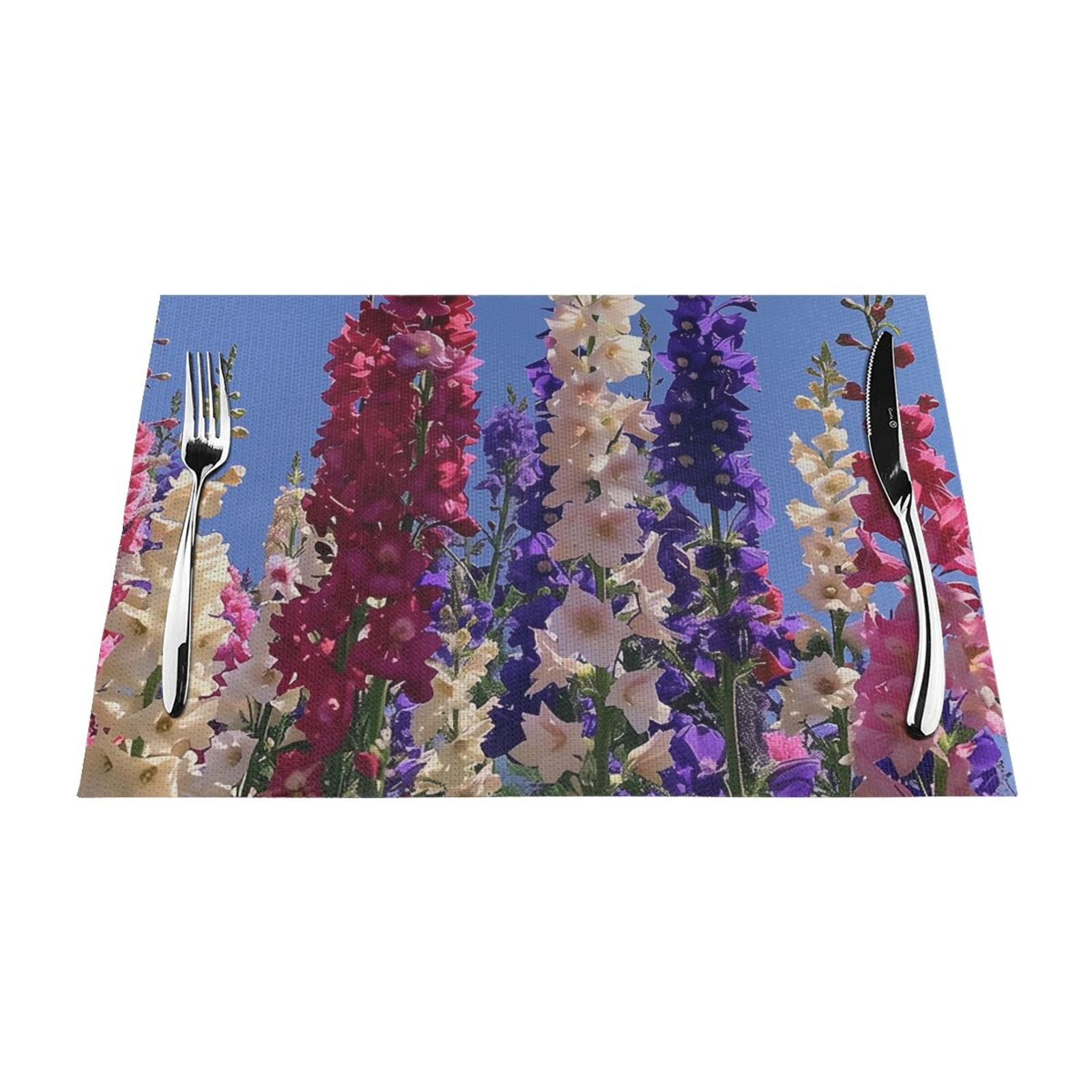 Colorful Delphinium Garden Under Blue Woven mats for kitchen and dining
