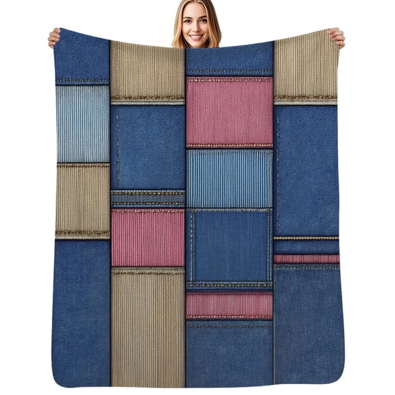 Colorful Denim Patchwork Pattern Flannel Blanket Warm Soft Bedding Throws Winter Camping Chair Sofa Bed