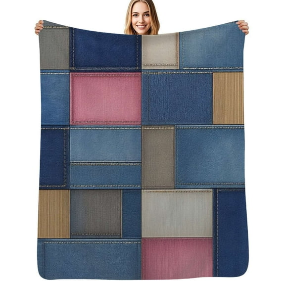 Colorful Denim Patchwork Pattern Soft Blanket Travel Bedding Throws Flannel Bedspread Sofa Bed Cover