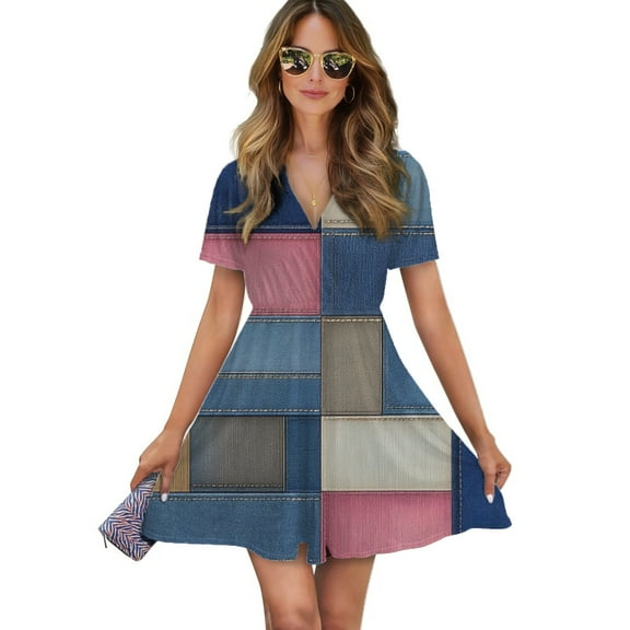Colorful Denim Patchwork Pattern Women Dress V-Neck Short Sleeve Flowy Swing Party Midi Dress