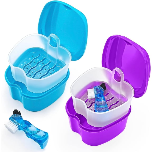 Colorful Denture Bath Case with Brush, Denture Cup Soaking Holder False Teeth Container Mouth Guard Storage Case Cleaning with Lid Waterproof