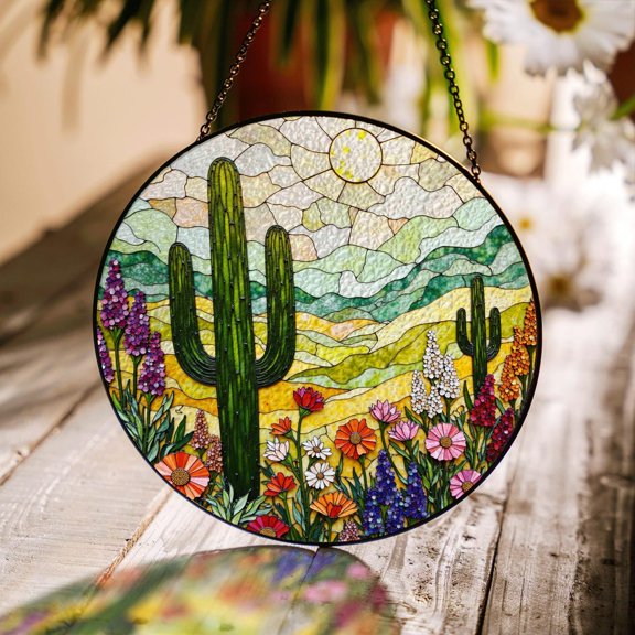 Colorful Desert Cactus Scene Round Suncatcher, Southwest Decor, 6.3 in