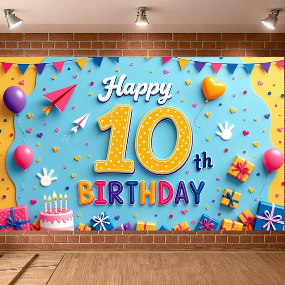 Colorful Design 10th Birthday Banner Yellow Polka Dot Display Heart Pattern Balloon Decor 10th Birthday Backdrop for Kids Birthday Party Indoor Party Photo Shoot Backdrop
