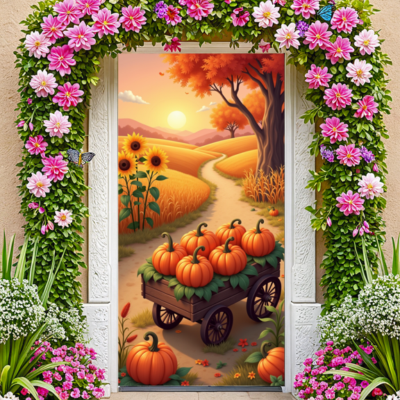 Colorful Design Autumn Scene Harvest Theme Pumpkin Cart Scenic Background for Thanksgiving Decoration Holiday Gathering Seasonal Festival