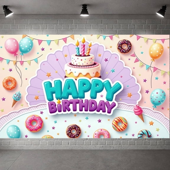 Colorful Design Banner Cake Pattern Birthday Party Display Donut Decor Balloon Elements Party Backdrop for Birthday Party Kids Celebration Photo Shoot