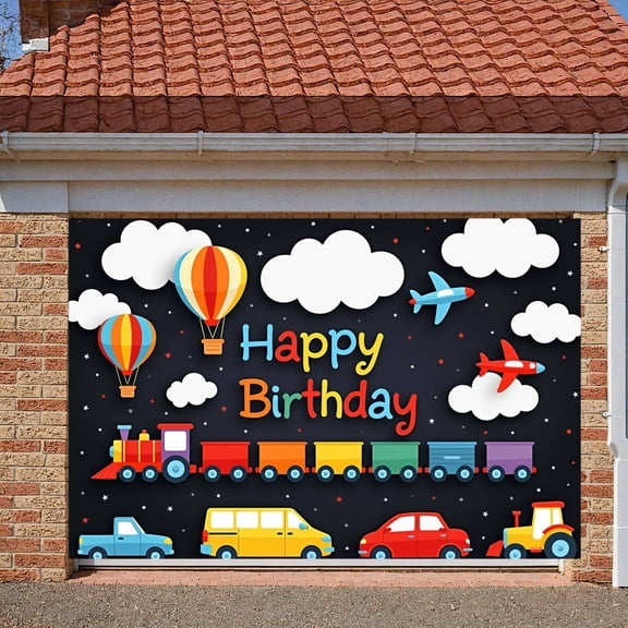 Colorful Design Banner Cartoon Transportation Vehicle Party Display Kids Friendly Hot Air Balloon Transportation Backdrop for Kids Birthday Party Children Celebration Indoor Decoration