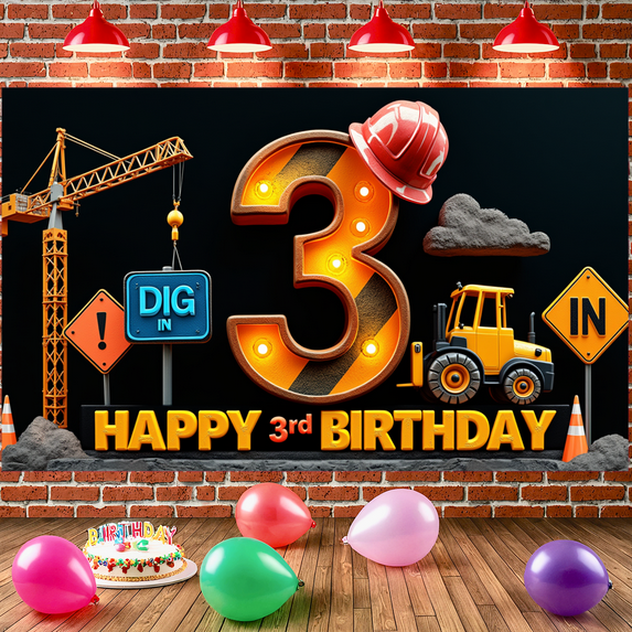 Colorful Design Banner Construction Theme Number 3 Decorative Sign for Kids Birthday Party Indoor Outdoor Event
