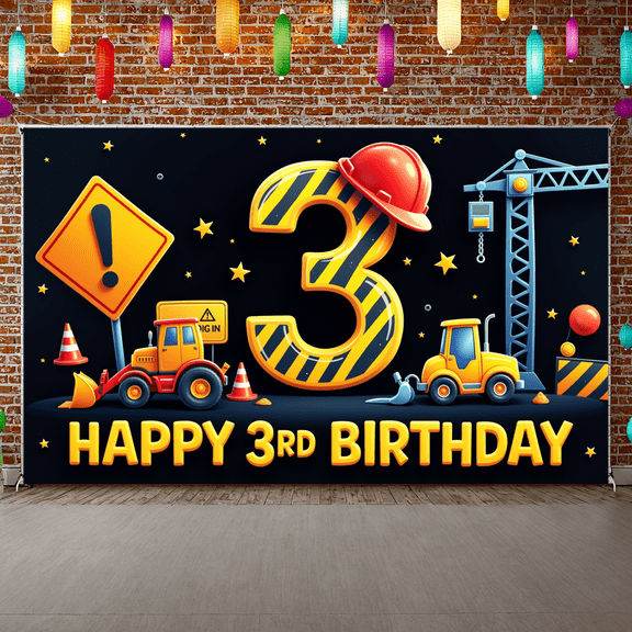 Colorful Design Banner Construction Theme Number 3 Decorative Sign for Kids Birthday Party Indoor Outdoor Event