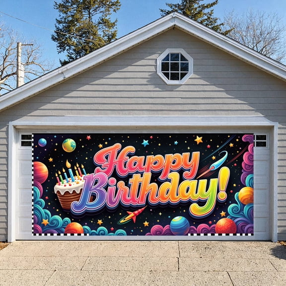 Colorful Design Banner Space Theme Space Party Backdrop Rocket Pattern Starry Print Galaxy Birthday Display for Birthday Party Kids Celebration Indoor Decoration