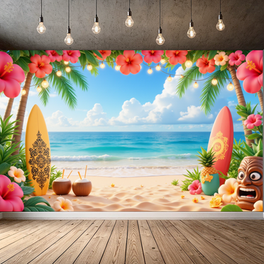 Colorful Design Beach Party Decorative Surfboard Banner Tiki Mask Hawaiian Theme for Luau Party Summer Event Beach Gathering