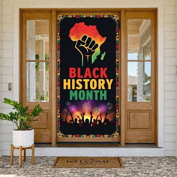 Colorful Design Black History Banner African Display Fist Symbol Firework Pattern African Backdrop for Black History Month Events Cultural Celebrations School Assemblies