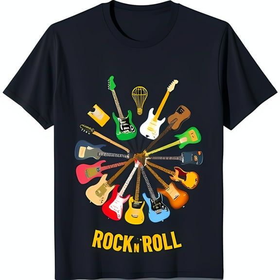 Colorful Design Blue T-Shirt with 'ROCK N ROLL' Text
