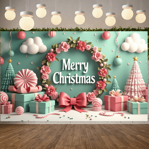 Colorful Design Christmas Banner Decorative Wreath Holiday Decoration Party Backdrop for Home Celebration Photo Props Winter Festive