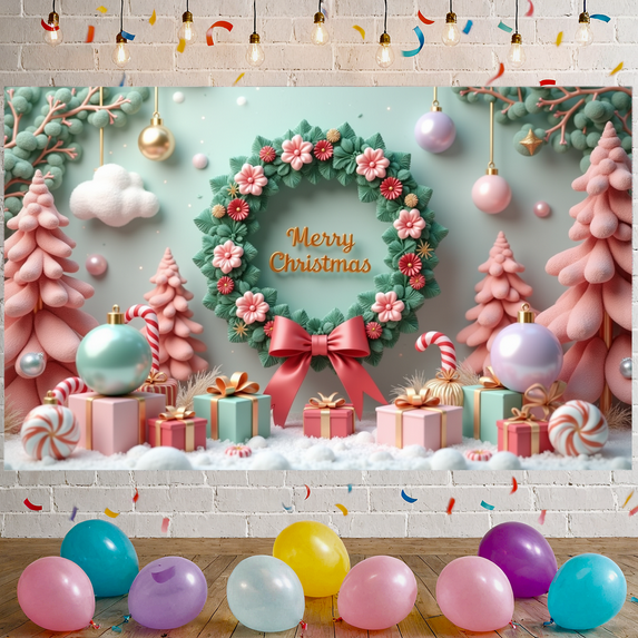 Colorful Design Christmas Banner Decorative Wreath Holiday Decoration Party Backdrop for Home Celebration Photo Props Winter Festive