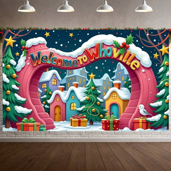 Colorful Design Christmas Decoration Whoville Holiday Banner Party Backdrop for Winter Celebration Indoor Festive Decor Event