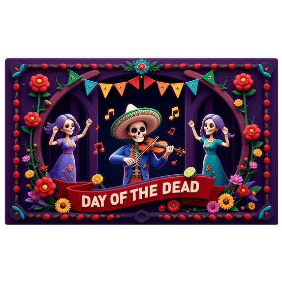 Colorful Design Day of the Dead Decorative Banner Skull Theme Floral Elements Skeleton Characters for Mexican Celebration Event Indoor Party