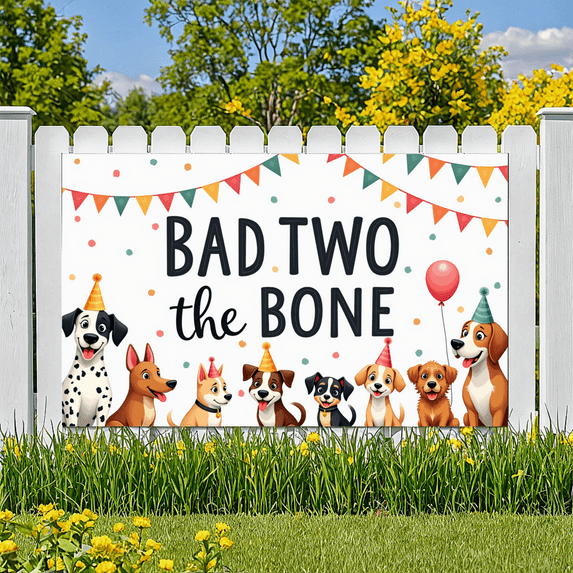 Colorful Design Dog Birthday Banner Animal Theme Party Decoration Cartoon Polyester Material Bad Two the Bone for Pet Party Indoor Celebration Outdoor Event
