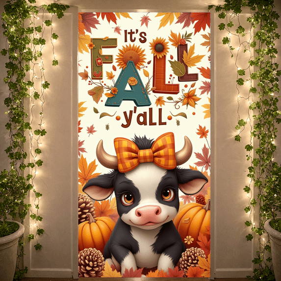 Colorful Design Fall Banner Cute Autumn Cow Thanksgiving Pumpkin for Seasonal Decor Home Decoration Festive Celebration
