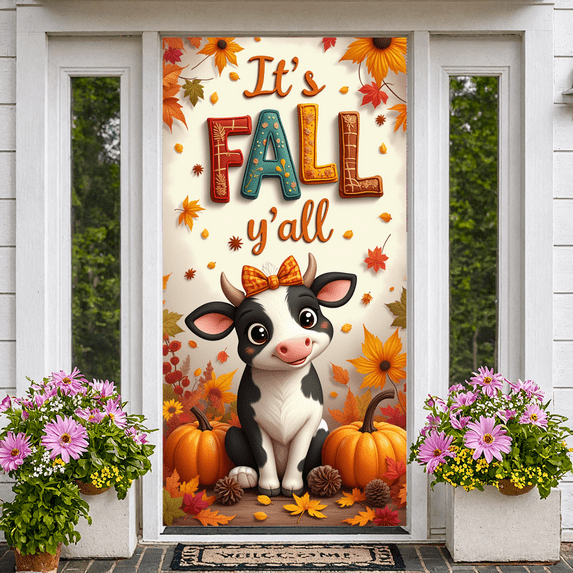 Colorful Design Fall Banner Cute Autumn Cow Thanksgiving Pumpkin for Seasonal Decor Home Decoration Festive Celebration