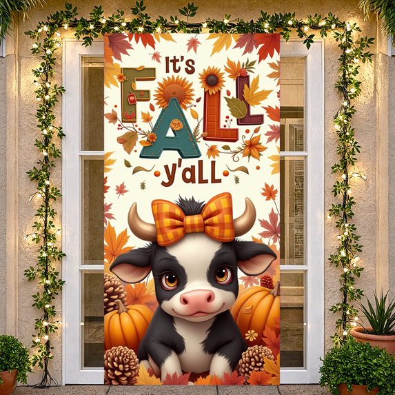 Colorful Design Fall Banner Cute Autumn Cow Thanksgiving Pumpkin for Seasonal Decor Home Decoration Festive Celebration